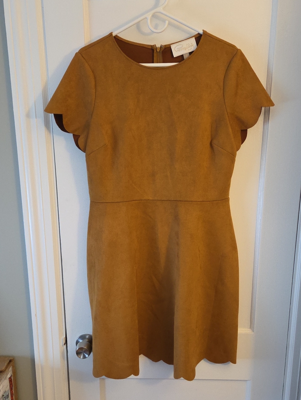 Pappagallo Camel Scallop Sleeve Faux Suede Fit-and-Flare Dress